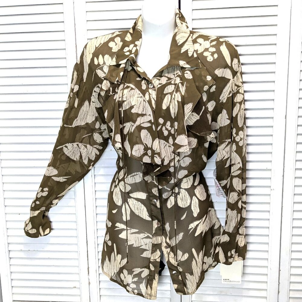 VTG Dana Buchman Silk Chiffon Blouse Sz 6 Brown Floral Sheer NWT Poet Shirt